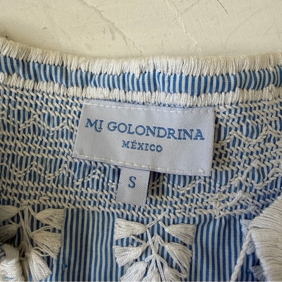 Mi Golondrina Tunic Embroidered Blouse Blue White With Tassels Size S - Picture 3 of 5